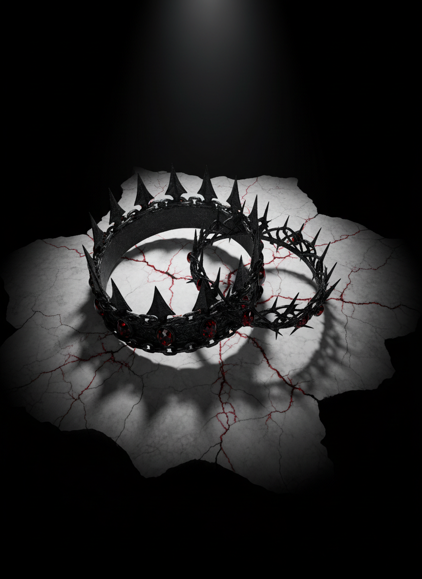 A pair of intertwined black metal crowns rests on cracked white marble, their jagged points set with deep garnet stones that catch faint light like drops of blood. One crown is slightly larger, more brutal in design with spikes and chained segments, while the other is slimmer, adorned with barbed filigree. Thin trails of dried crimson run from beneath the crowns across the marble, forming delicate, chaotic patterns. A cold, pale spotlight falls directly on them from above, leaving the background in total blackness, creating stark contrast and hard-edged shadows. Photographic realism, captured from a top-down perspective with sharp focus throughout, emphasizes the textures of metal, stone, and dried blood. The composition evokes a ruthless, royal bond—dark romance forged in violence, power, and unbreakable loyalty.