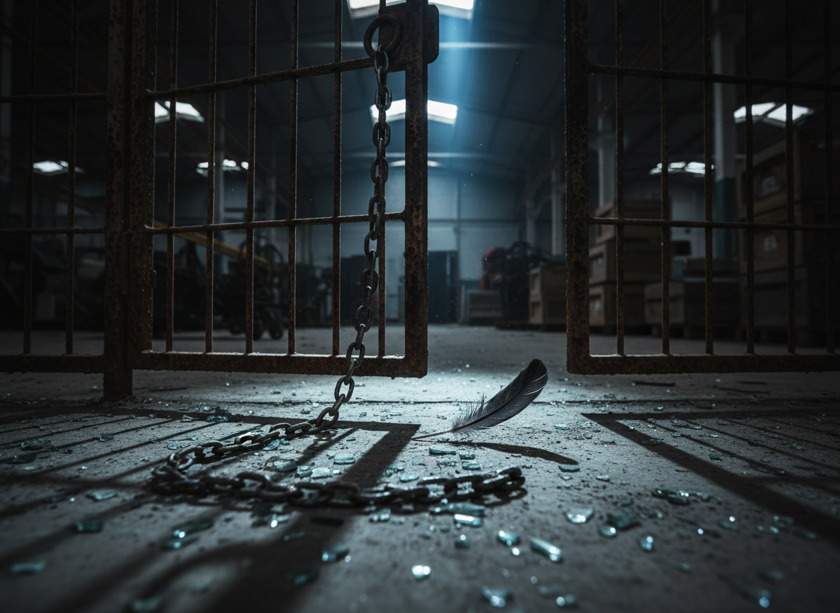 An iron cage door stands ajar in a dim, abandoned warehouse, its rusty bars streaked with dark stains. A single black feather lies just beyond the threshold, resting on cracked concrete flecked with small shards of broken glass. A heavy metal chain hangs from the door, coiled on the floor like a serpent. A narrow shaft of cool, bluish light pierces through a high, unseen window, slicing across the feather and cage opening, while the rest of the space fades into heavy darkness. The air appears dusty, with faint particles glowing in the beam. Photographic realism, shot from a low angle looking slightly upward toward the door, creates a sense of escape, captivity, and dangerous freedom, perfectly aligned with a dark, lawless romance aesthetic.