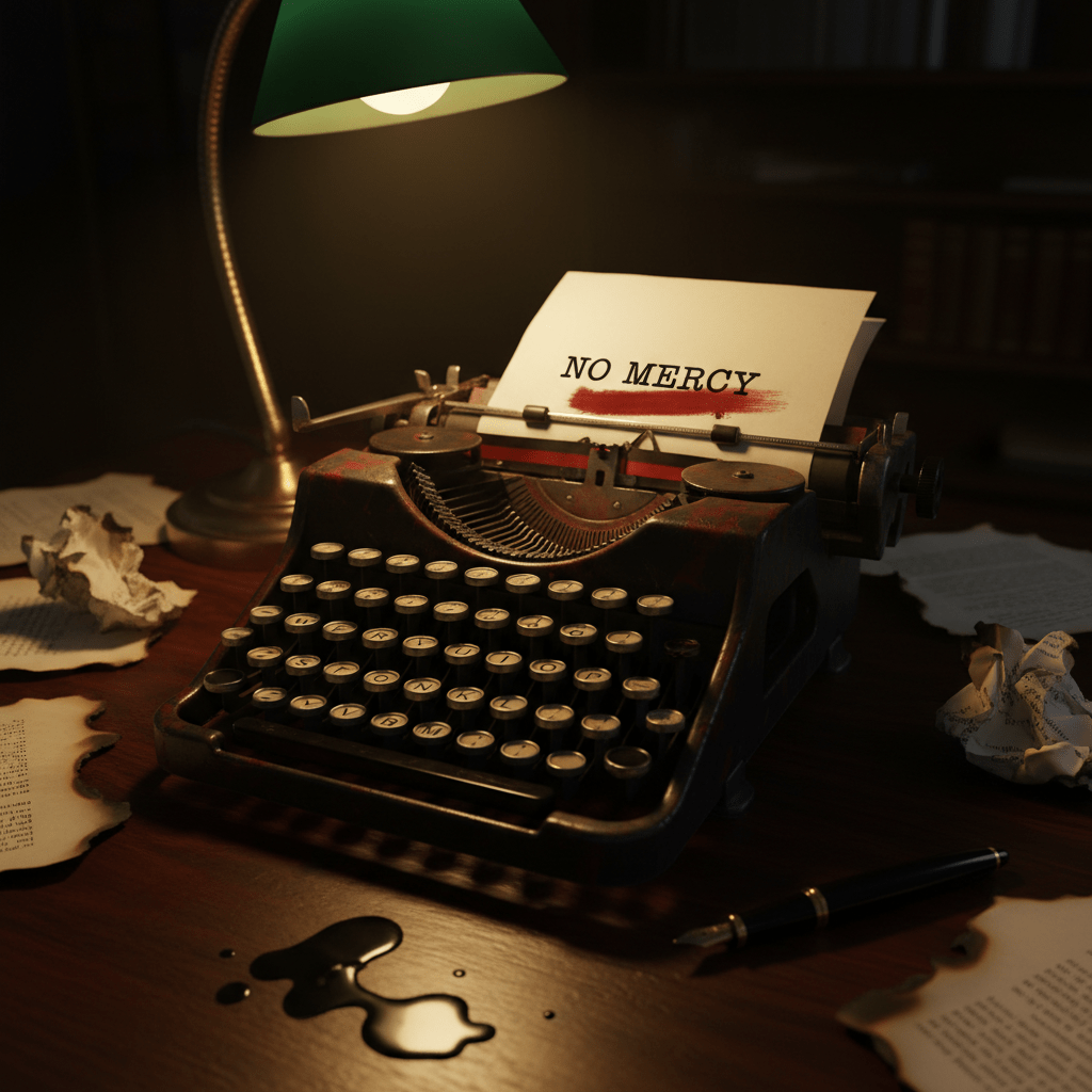 A crimson-stained typewriter sits on a dark mahogany desk, its keys worn and slightly crooked, one of them missing entirely. A sheet of paper is rolled into the carriage, bearing only the typed words “NO MERCY” in stark black ink, with a smear of red across the final letter. Around the typewriter lie torn manuscript pages, some burned at the edges, and a single black fountain pen leaking ink onto the wood. A lone desk lamp with a brass neck casts harsh, narrow light, leaving the corners of the study cloaked in shadow. The atmosphere feels obsessive and violent, yet intimate. Photographic realism, shot from a close, slightly low angle, emphasizes the menacing message and tactile details, suggesting a storyteller of dark romance and savage intent behind the unseen keys.