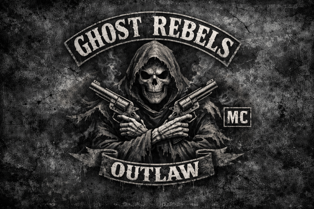 Grim reaper skull with hood holding crossed revolvers under text Ghost Rebels Outlaw MC