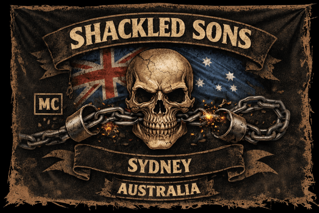 Cracked skull breaking metal chains with Australian flag background and text Shackled Sons MC Broken Shackles Australia