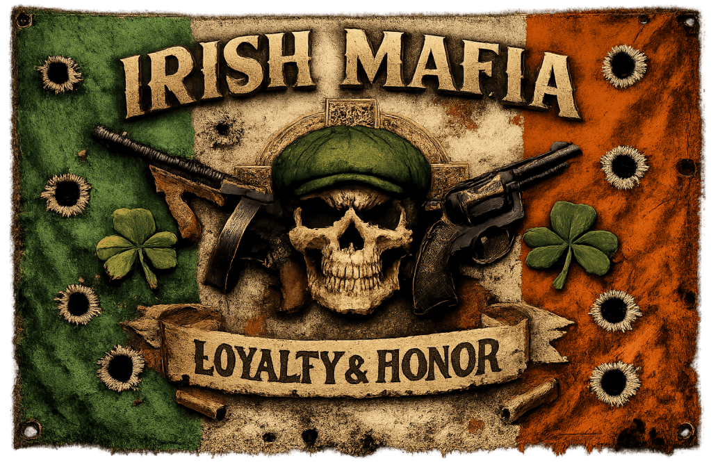 Irish mafia banner with bullet holes and flag